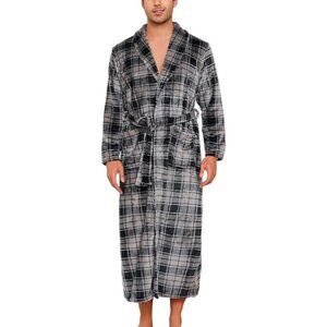 Mens Plush Fleece Robe Size XL Grey Plaid Bathrobe Pockets Tie Belt Houserobe